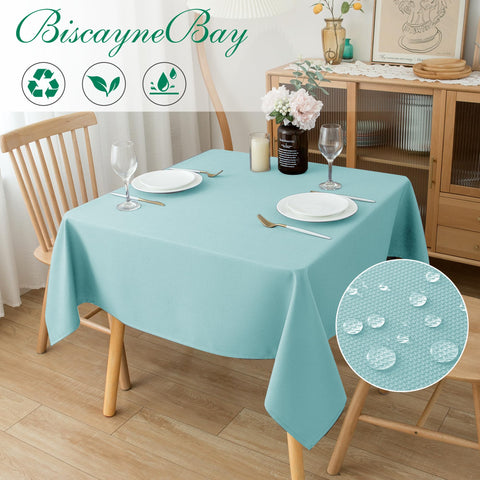 Biscaynebay tablecloth shows water resistant surface beading liquids for easy cleanup.