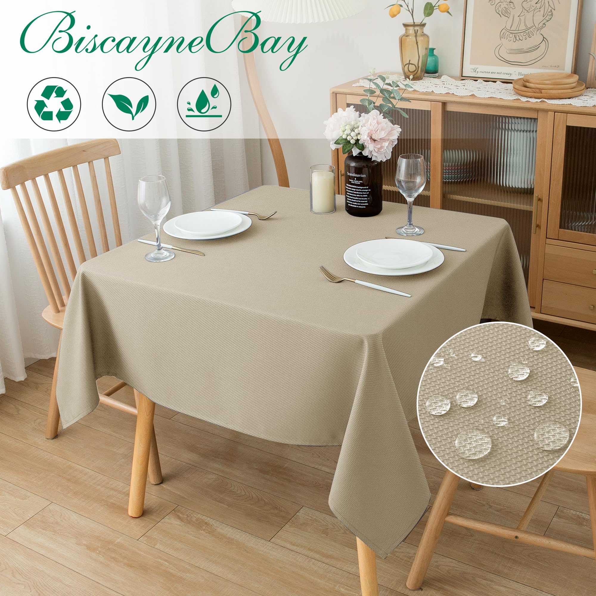 Biscaynebay textured tablecloth close-up shows heavyweight fabric and luxurious drape.