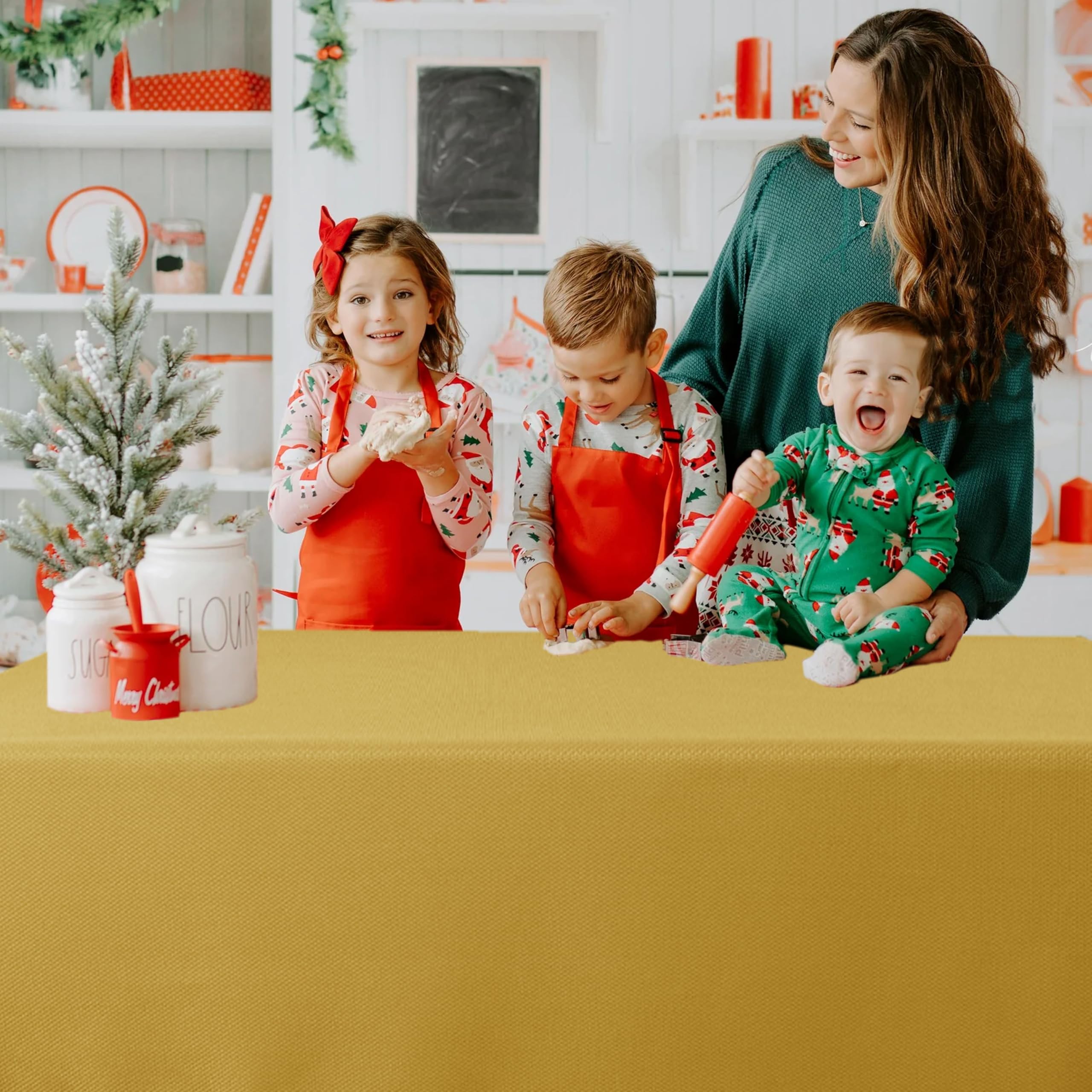 Biscaynebay water-resistant gold tablecloth beads liquids for quick cleanup.