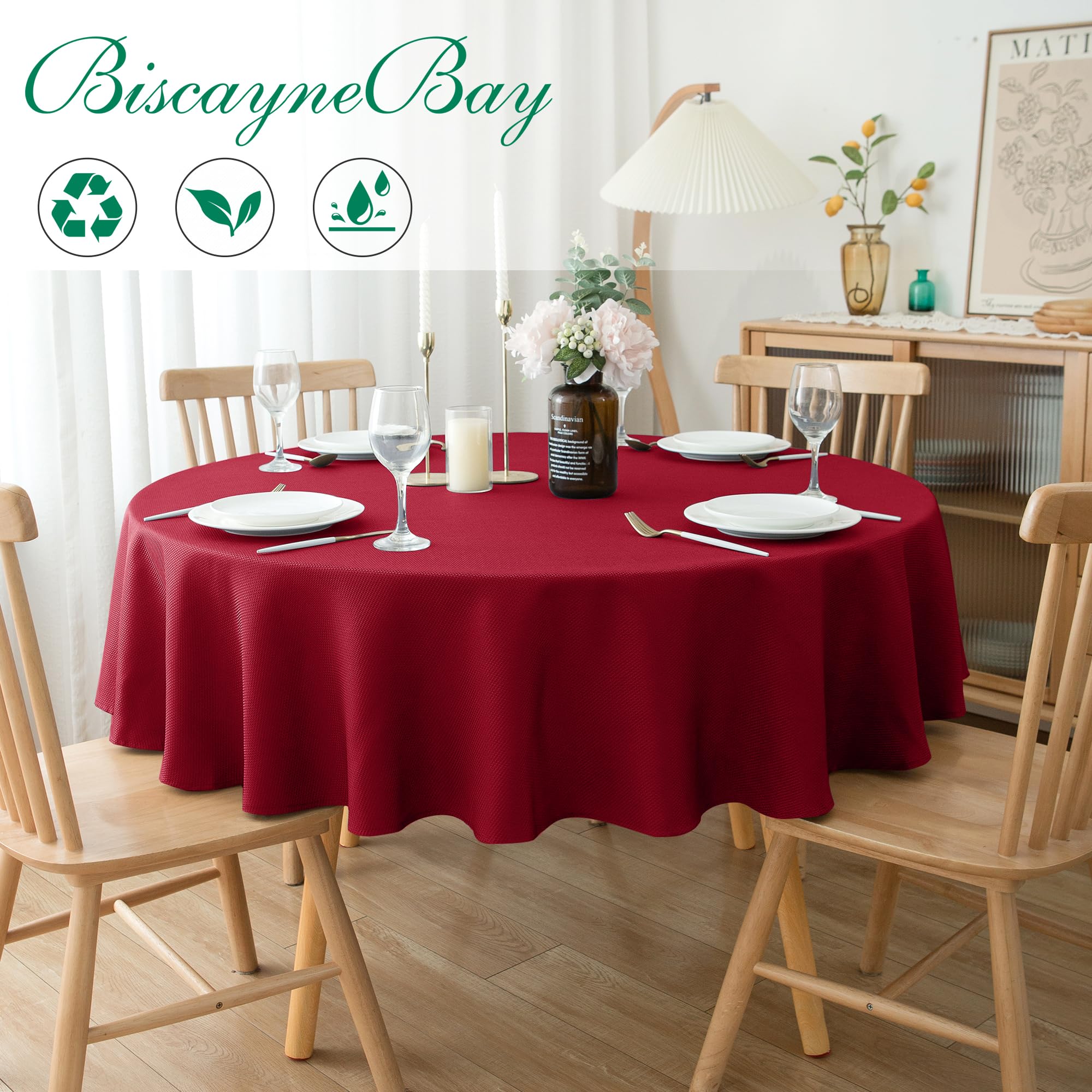 Biscaynebay water-resistant round tablecloth bead-up liquids for easy cleanup in any setting.