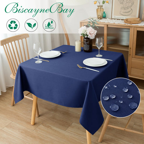 Close-up of water-resistant beads on the navy Biscaynebay tablecloth