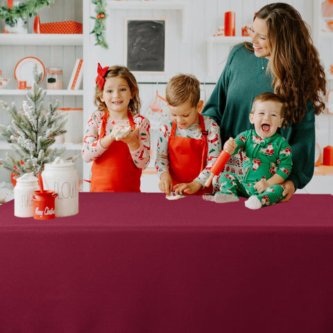 Biscaynebay water-resistant tablecloth close-up shows spills bead for quick cleanup.