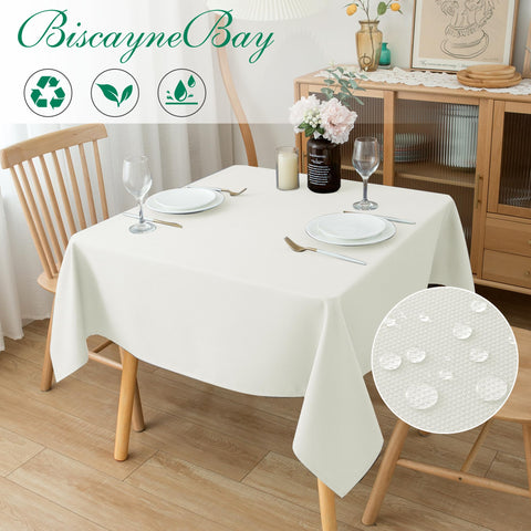 Biscaynebay water-resistant tablecloth protects surfaces from spills during casual meals.