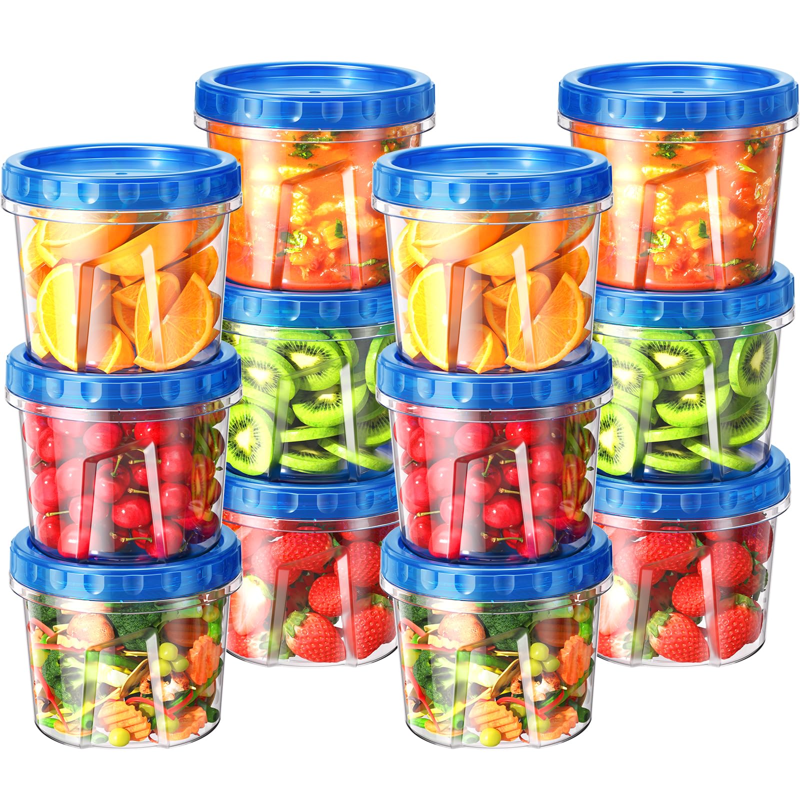 Biuleon 12-pack 24 oz freezer containers with twist-top lids for organized meal prep.