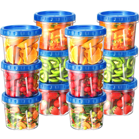 Biuleon 12-pack 24 oz freezer containers with twist-top lids for organized meal prep.