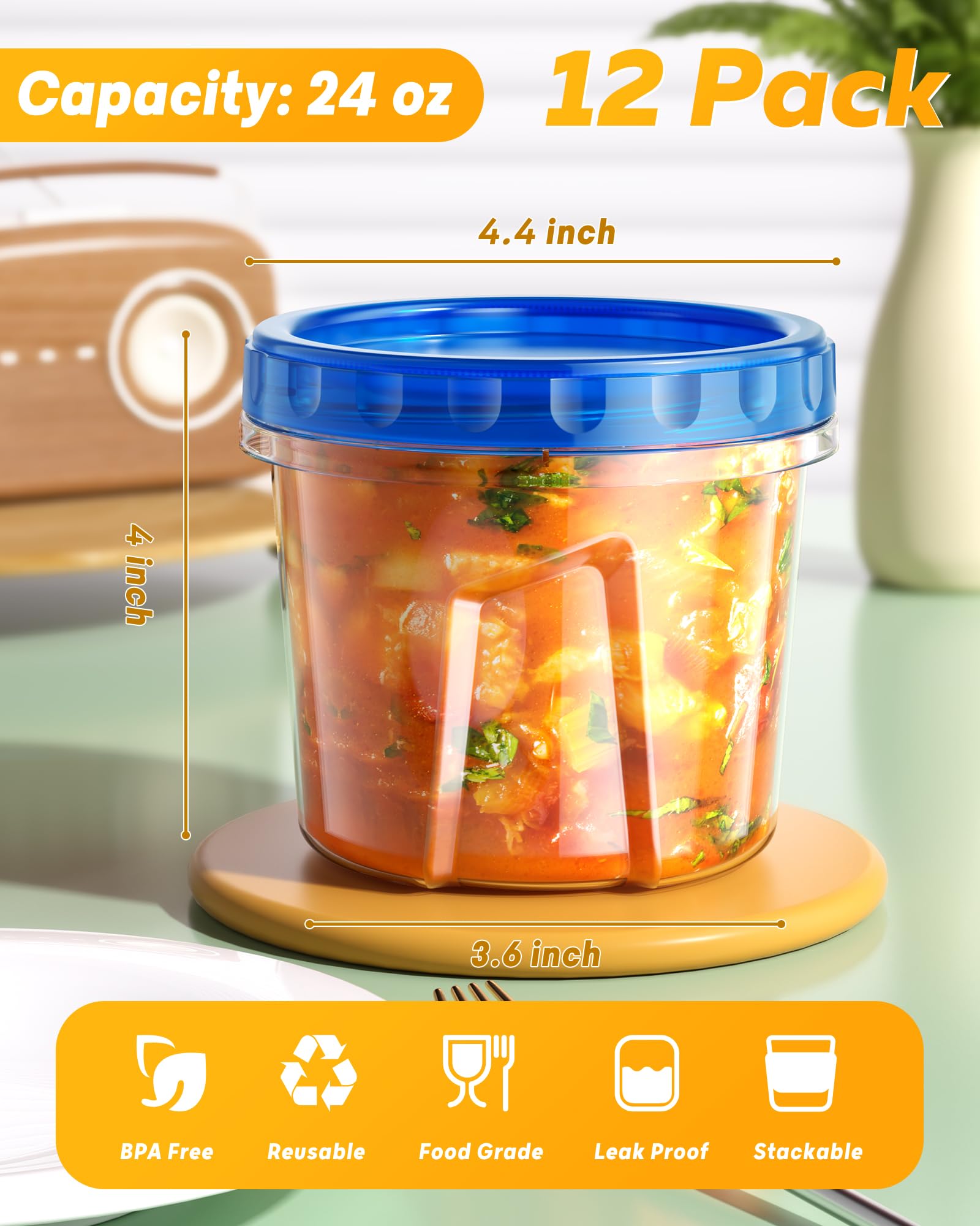 Biuleon twist-top lids seal 24 oz containers against leaks during storage.