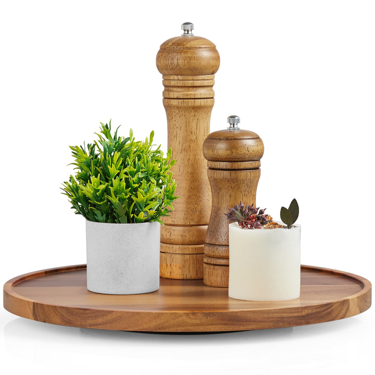 Bivvclaz 12-inch acacia Lazy Susan top view for easy cabinet access.