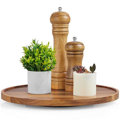 Bivvclaz 12-inch acacia Lazy Susan top view for easy cabinet access.