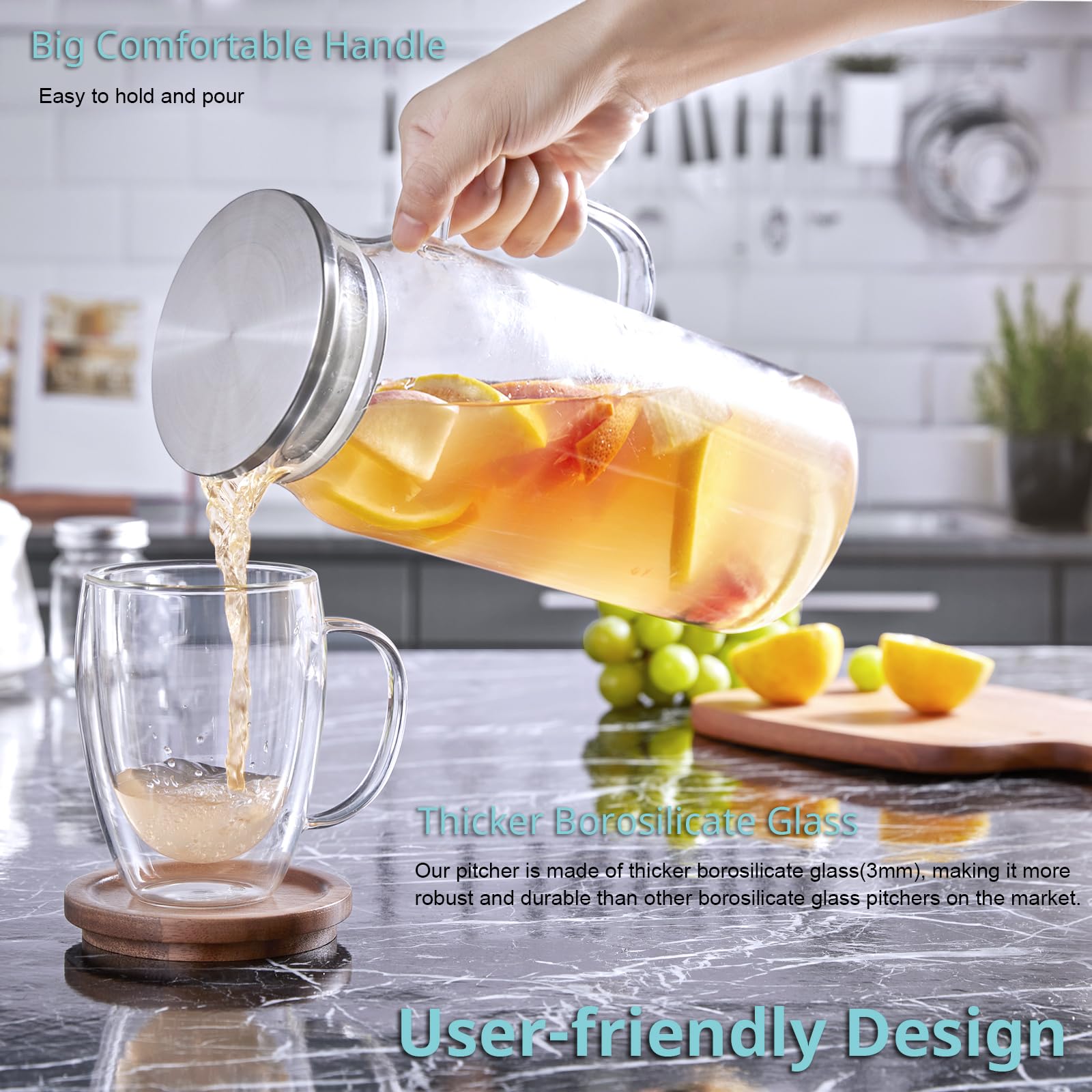 Bivvclaz 2L glass pitcher pour function highlights strain-free pouring
