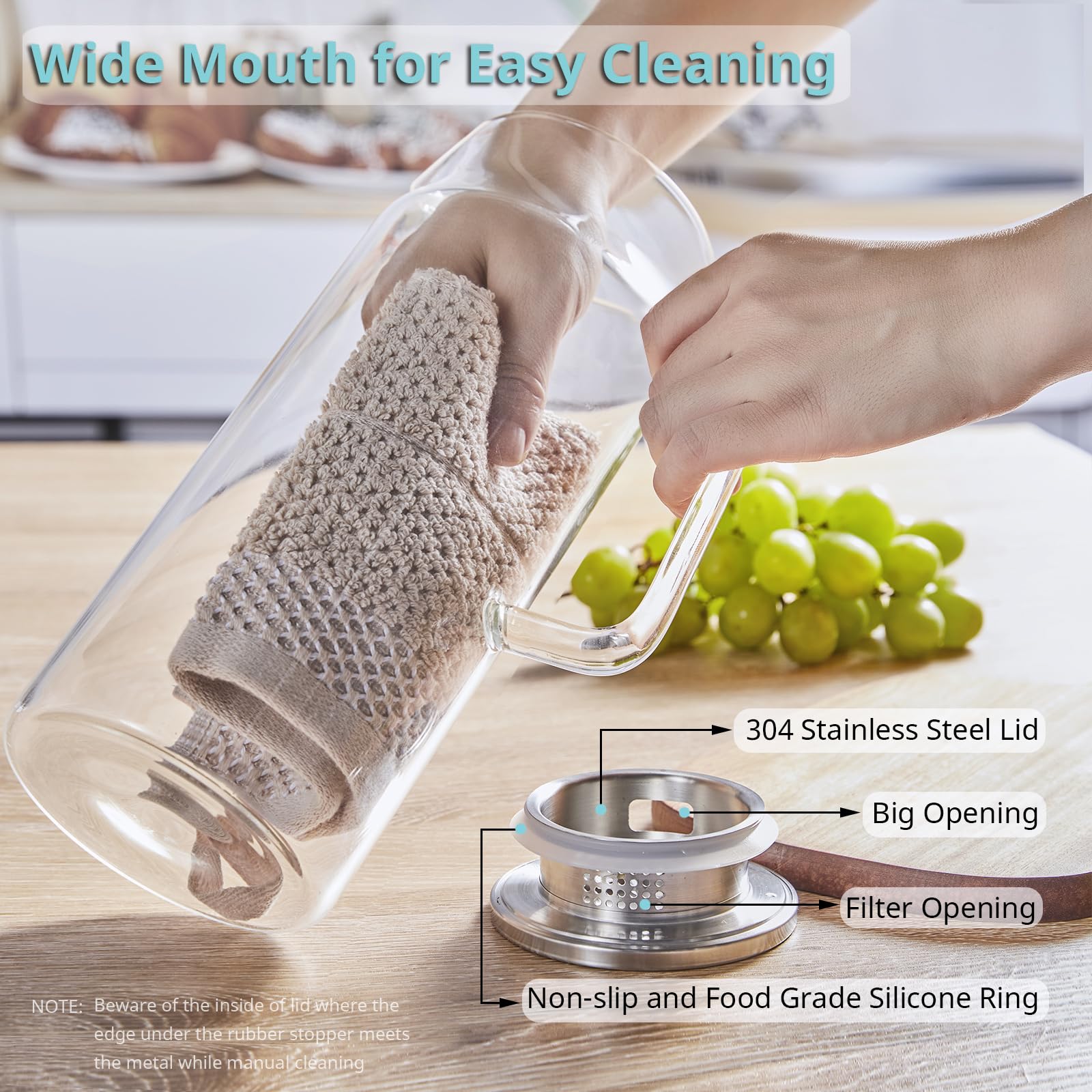 Bivvclaz 2L glass pitcher wide mouth for easy cleaning and filling