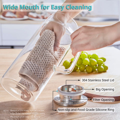Bivvclaz 2L glass pitcher wide mouth for easy cleaning and filling