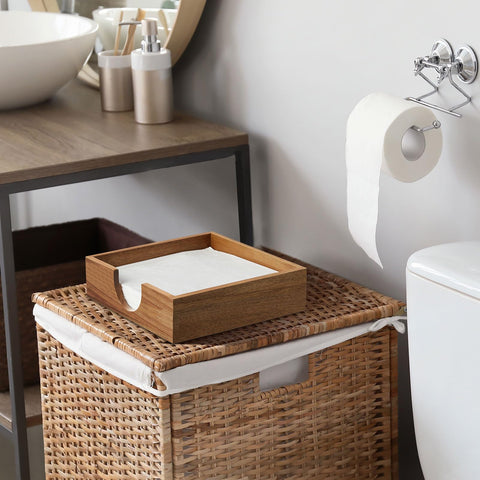 Bivvclaz Acacia wood napkin holder close-up, reveals wood grain and handcrafted charm.