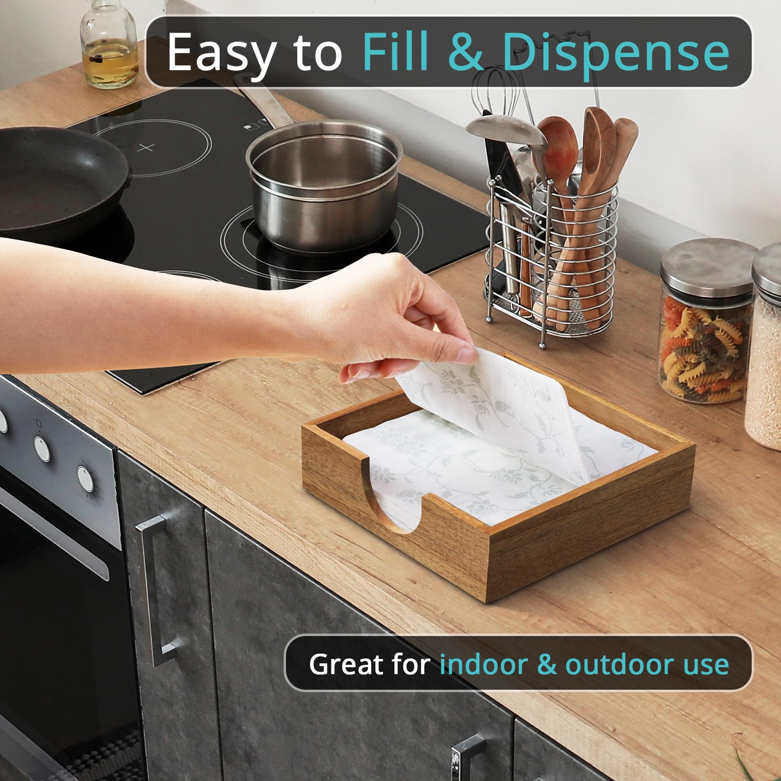 Bivvclaz Acacia wood napkin holder on dining table, adds natural warmth and tabletop style.