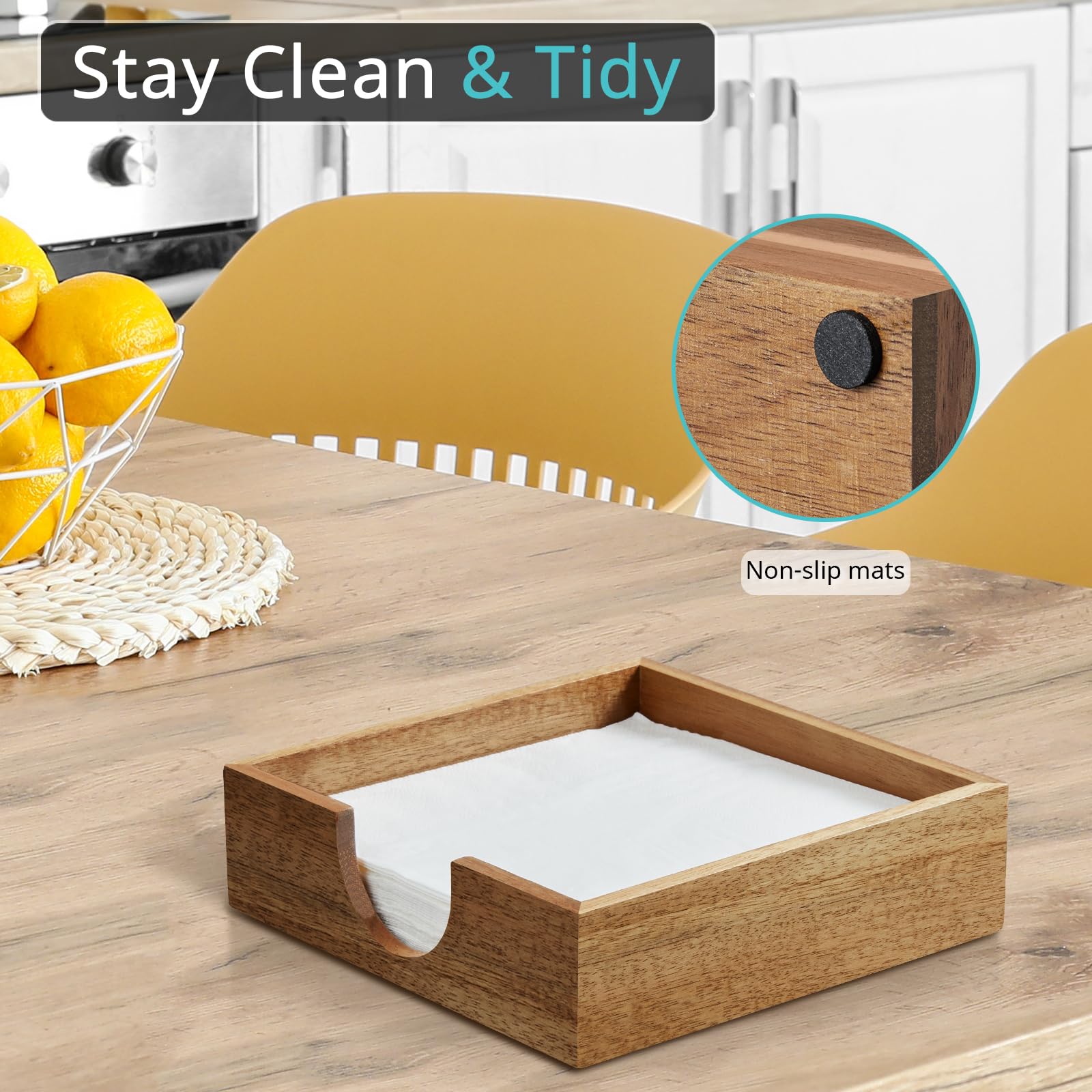 Bivvclaz Acacia wood napkin holder open front, easy one napkin grab during meals.