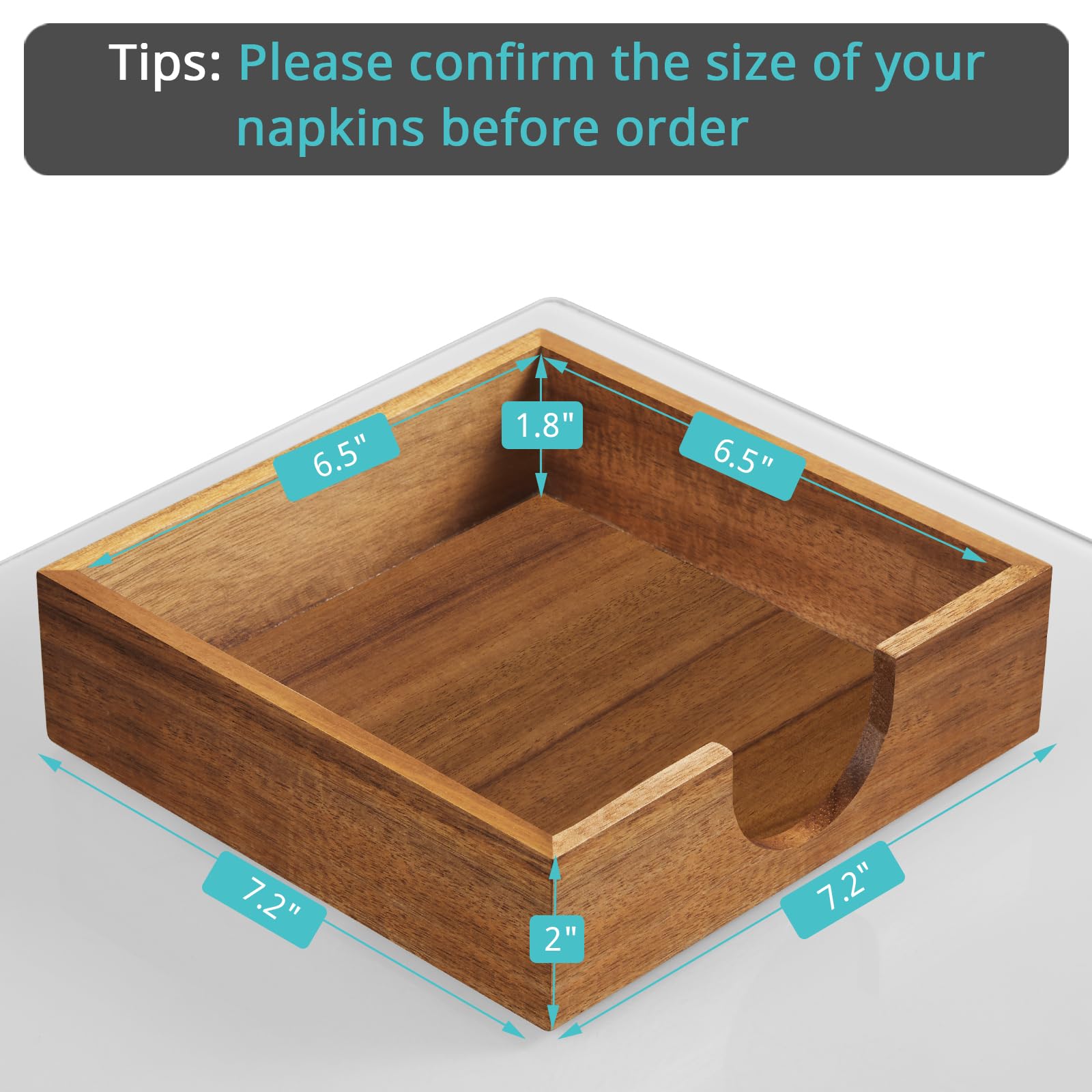 Bivvclaz Acacia wood napkin holder side view, sturdy natural wood for kitchen or dining decor.