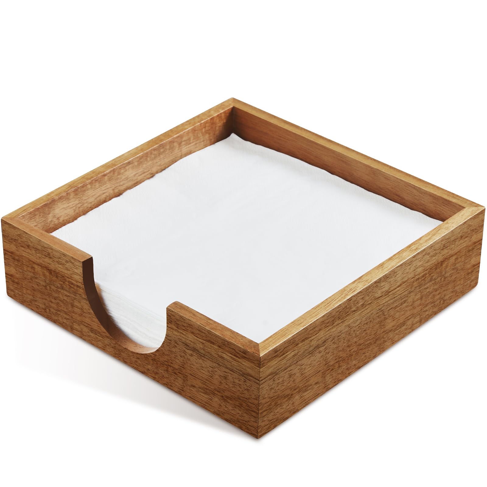 Bivvclaz Acacia wood napkin holder top view, compact size for luncheon napkins and coasters.