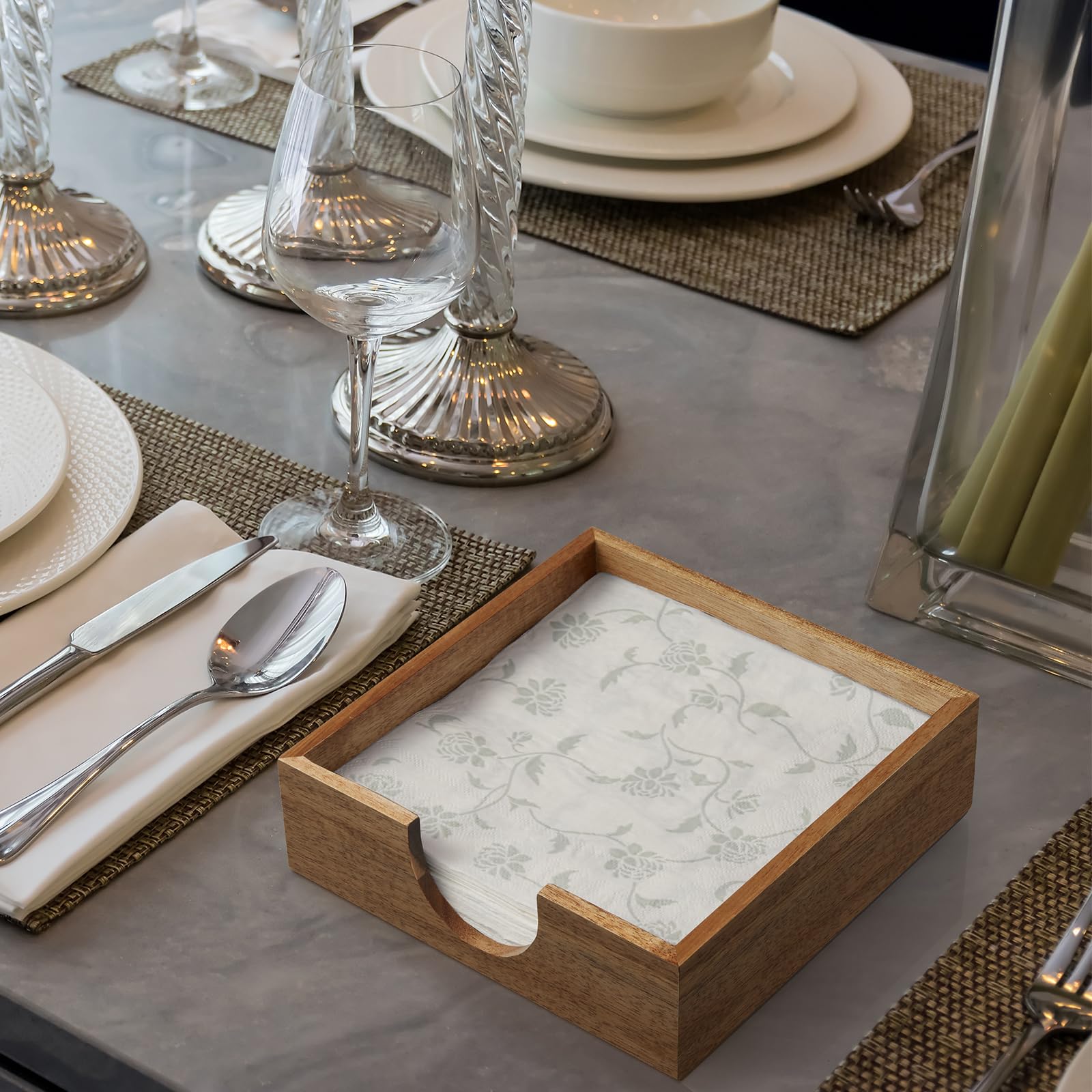 Bivvclaz Acacia wood napkin holder with napkins, keeps counters tidy and within reach.