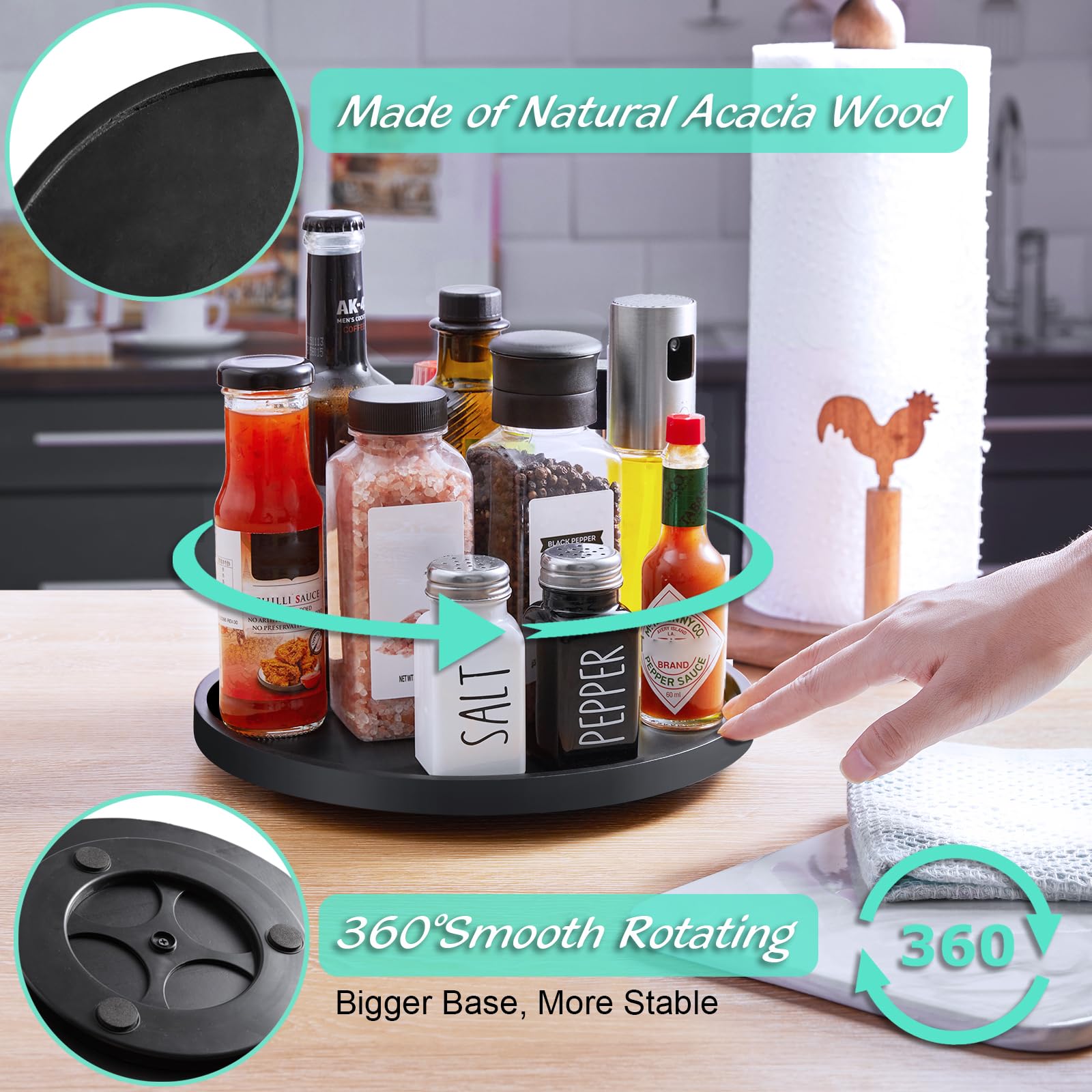 Bivvclaz lazy susan on countertop demonstrates space-saving rotation for condiments.