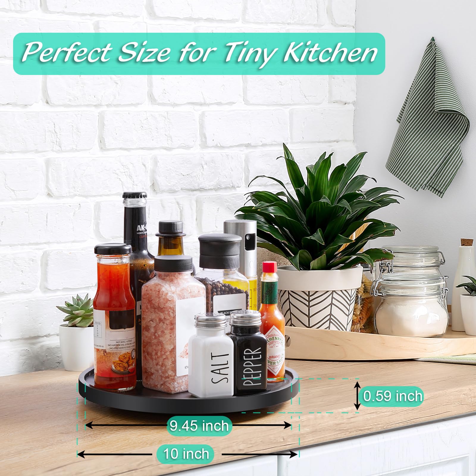 Bivvclaz wood lazy susan displaying oils and condiments for easy reach.