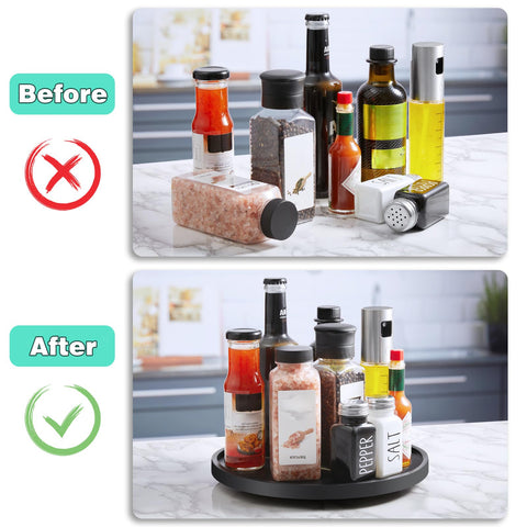 Bivvclaz wood lazy susan raised rim prevents spills while rotating.