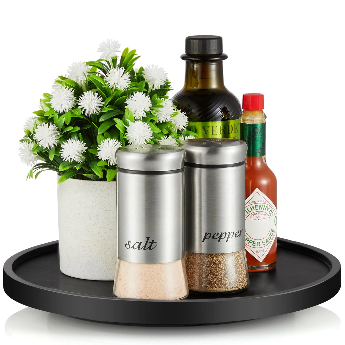 Bivvclaz wood lazy susan top view highlights organized spice storage and easy access.