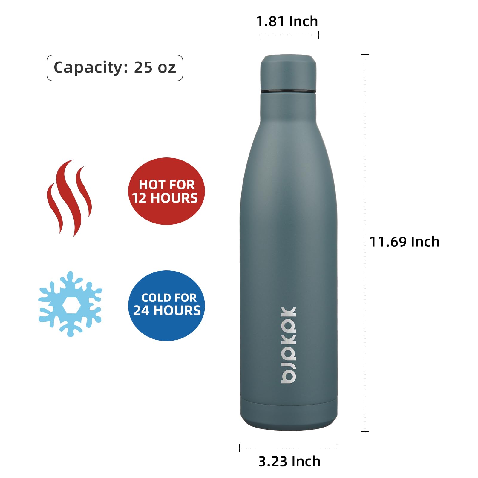 BJPKPK 25oz bottle side view shows dark grey stainless steel and sturdy construction.