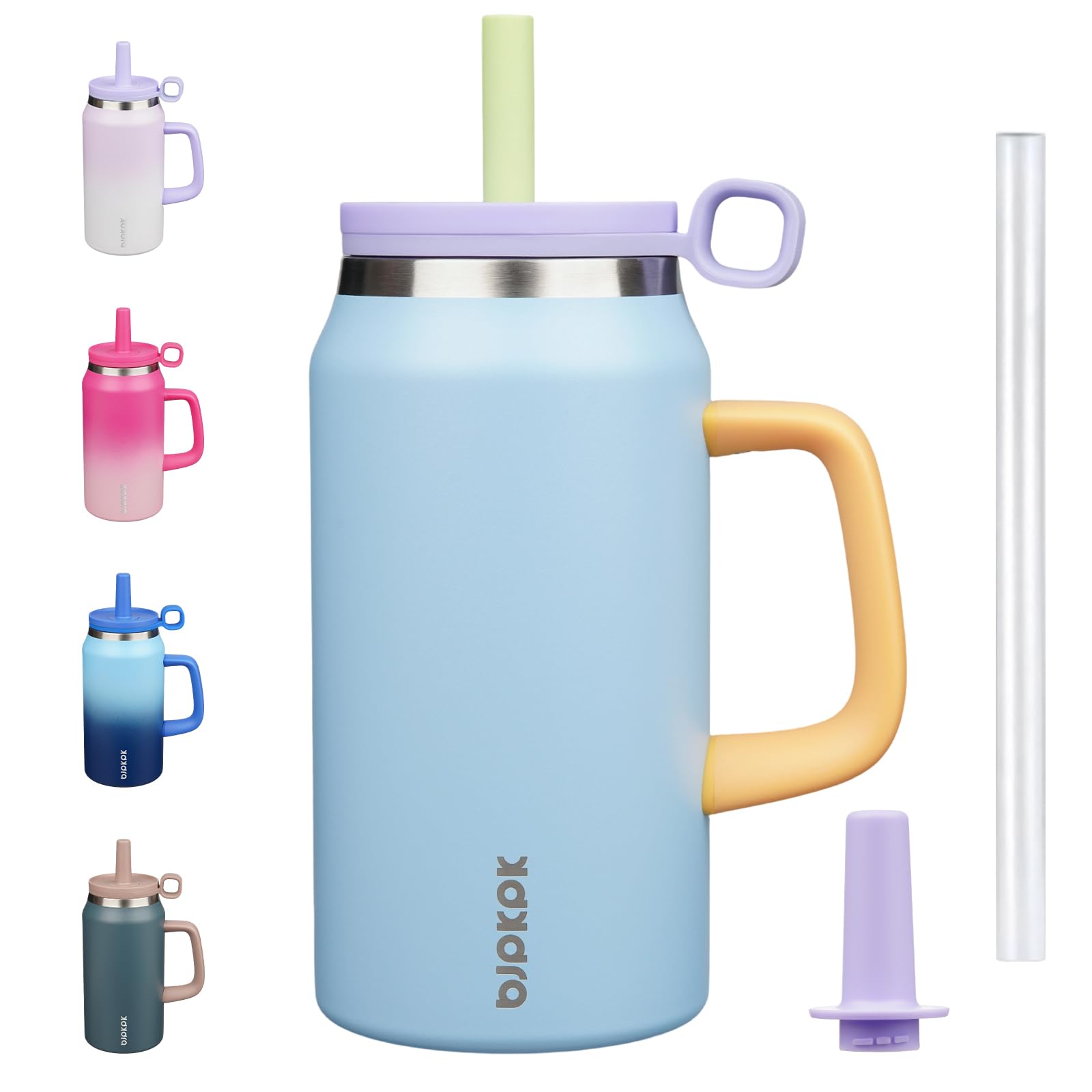 BJPKPK 50oz insulated tumbler with handle and blue lid keeps drinks hot or cold for hours.
