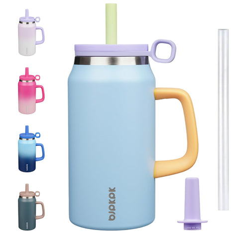 BJPKPK 50oz insulated tumbler with handle and blue lid keeps drinks hot or cold for hours.