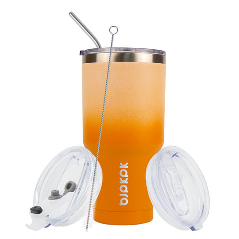 BJPKPK tumbler with two lids offers sip or spill-proof options.