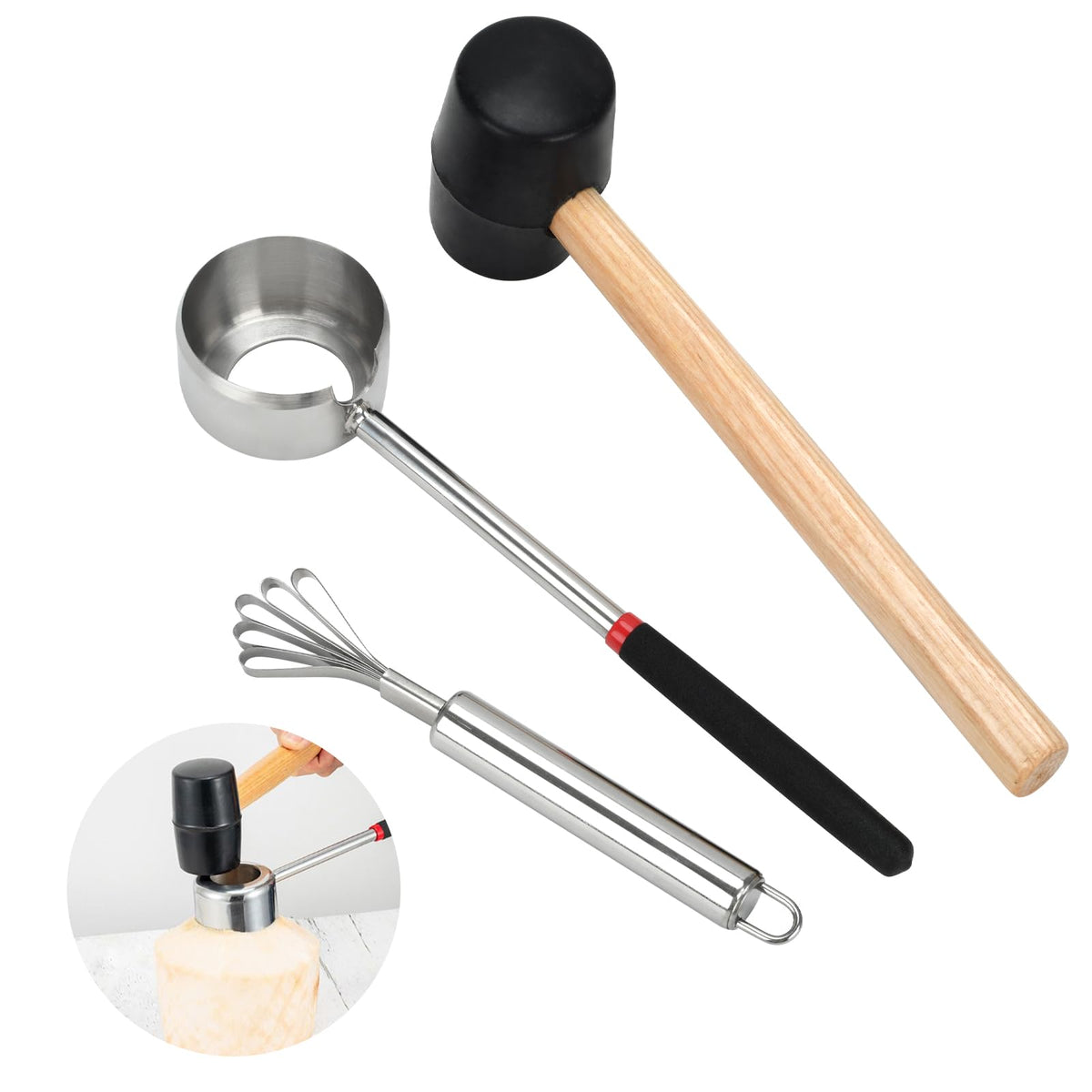 BJSSBJH Coconut Opener Set: sturdy, rust-free tools for quick, mess-free kitchen prep.