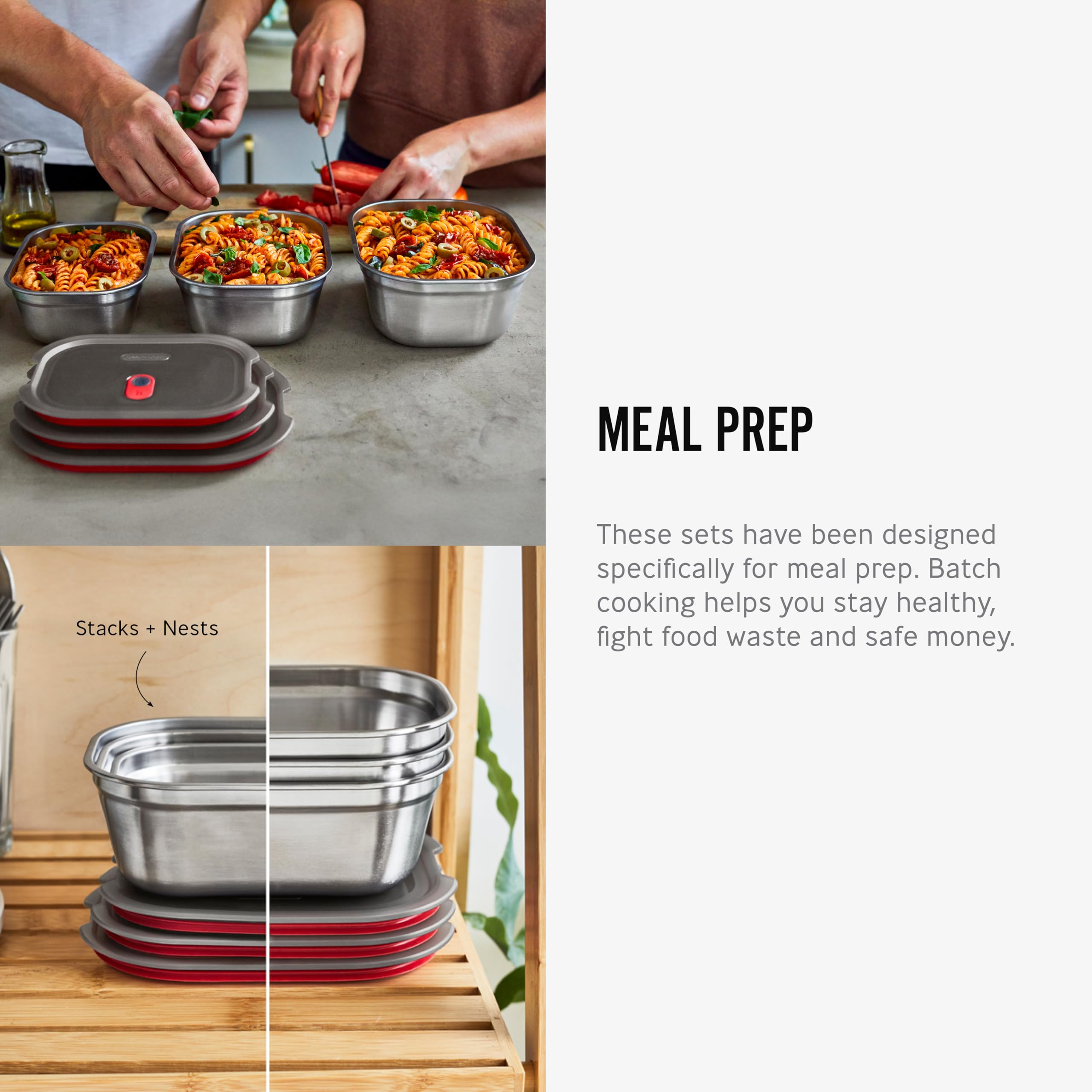 BLACK BLUM lunch box stackable design saves space in cabinets and bags.