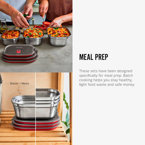 BLACK BLUM lunch box stackable design saves space in cabinets and bags.