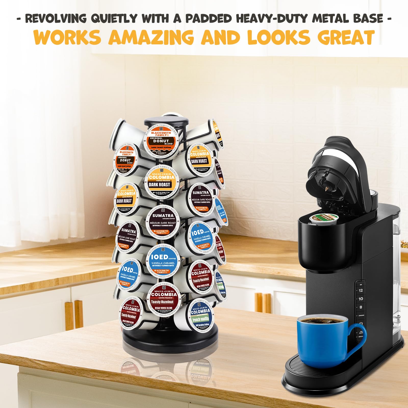 BLACKSMITH FAMILY k cups fit neatly in unique slots.