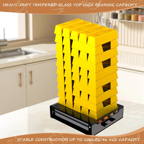 Sturdy black metal frame with glass top for durability and style.