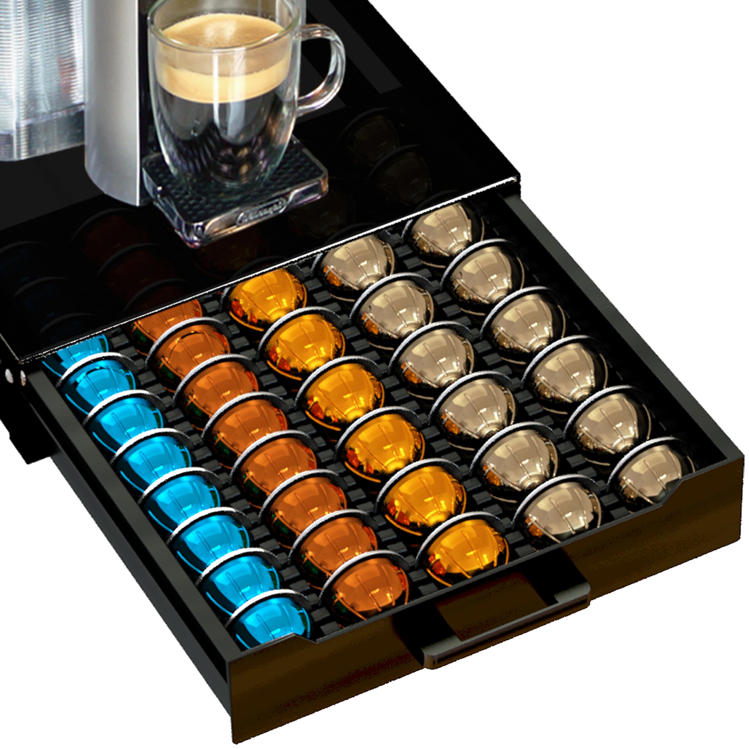 BLACKSMITH FAMILY Vertuo Pod Holder Drawer top view for organized coffee pod storage.