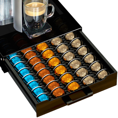 BLACKSMITH FAMILY Vertuo Pod Holder Drawer top view for organized coffee pod storage.
