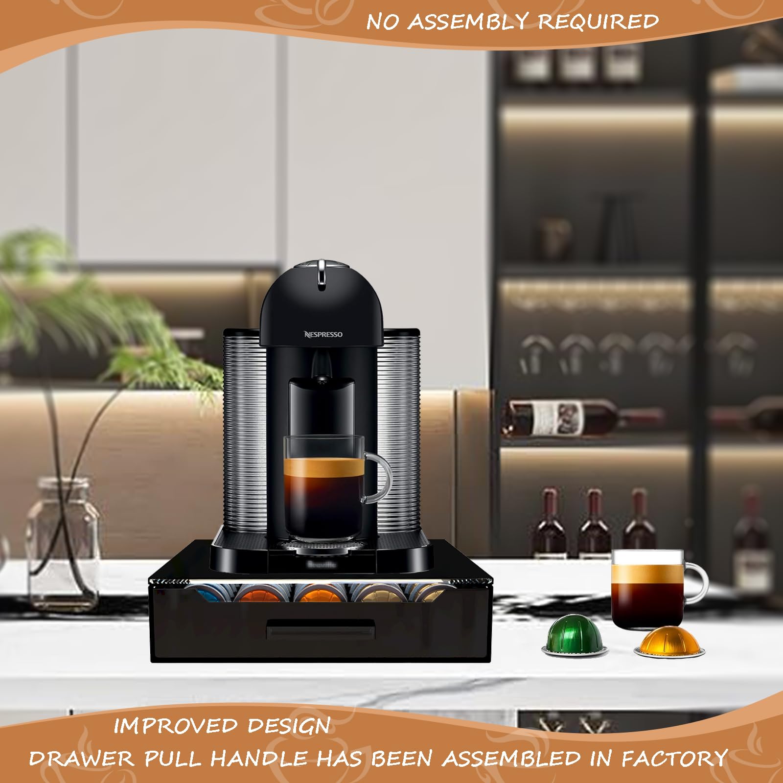 Pod holder on a kitchen countertop beside a Vertuo machine.