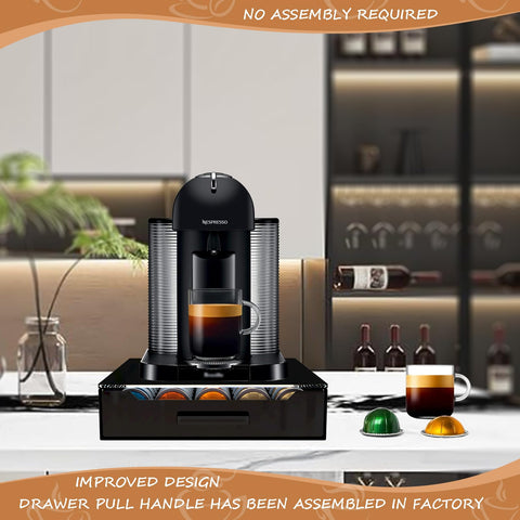 Pod holder on a kitchen countertop beside a Vertuo machine.