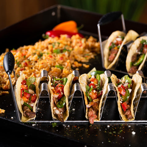 BLACKSTONE deluxe taco holder with six tacos visible for organized serving