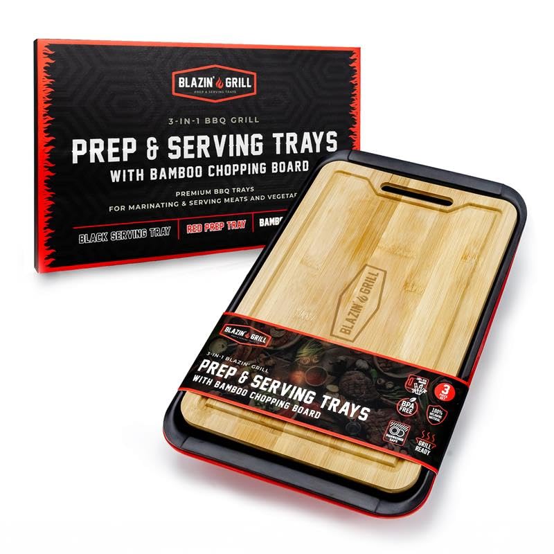 Blazin' Grill black serving tray enhances table presentation.
