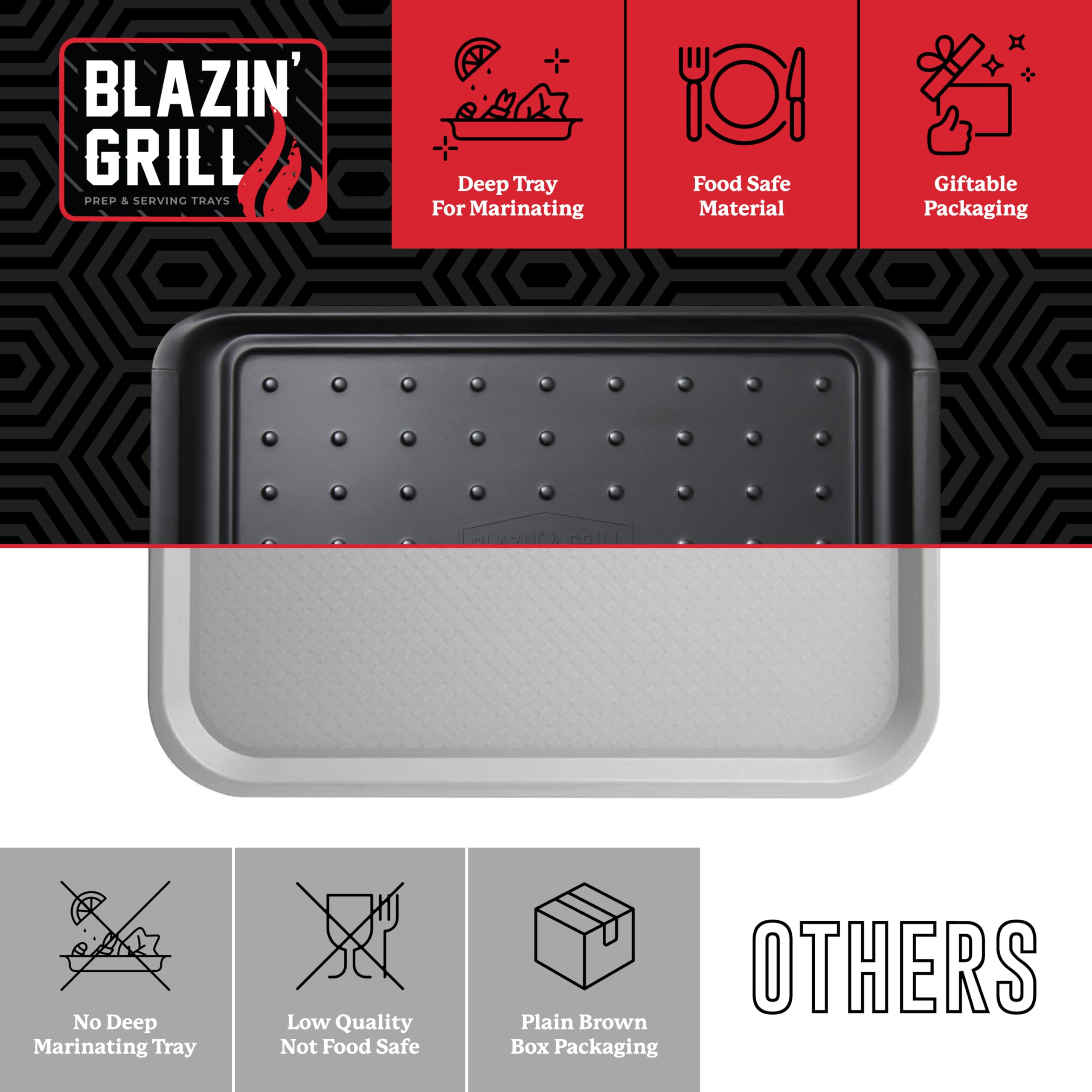 Blazin' Grill BPA-free melamine trays withstand heat and dishwasher cleanups.