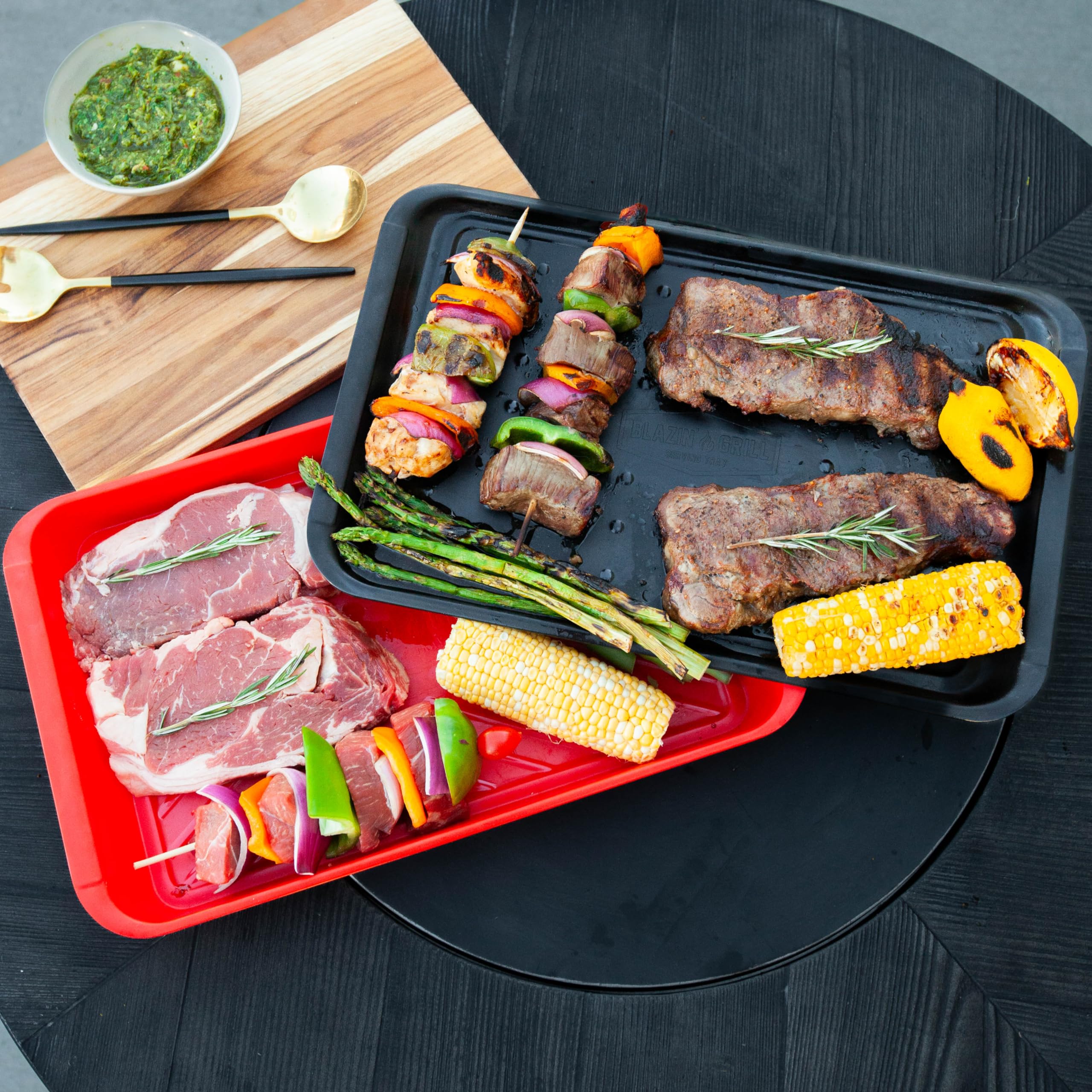 Blazin' Grill tray set ideal for marinating, prepping, and presenting grilled meals.