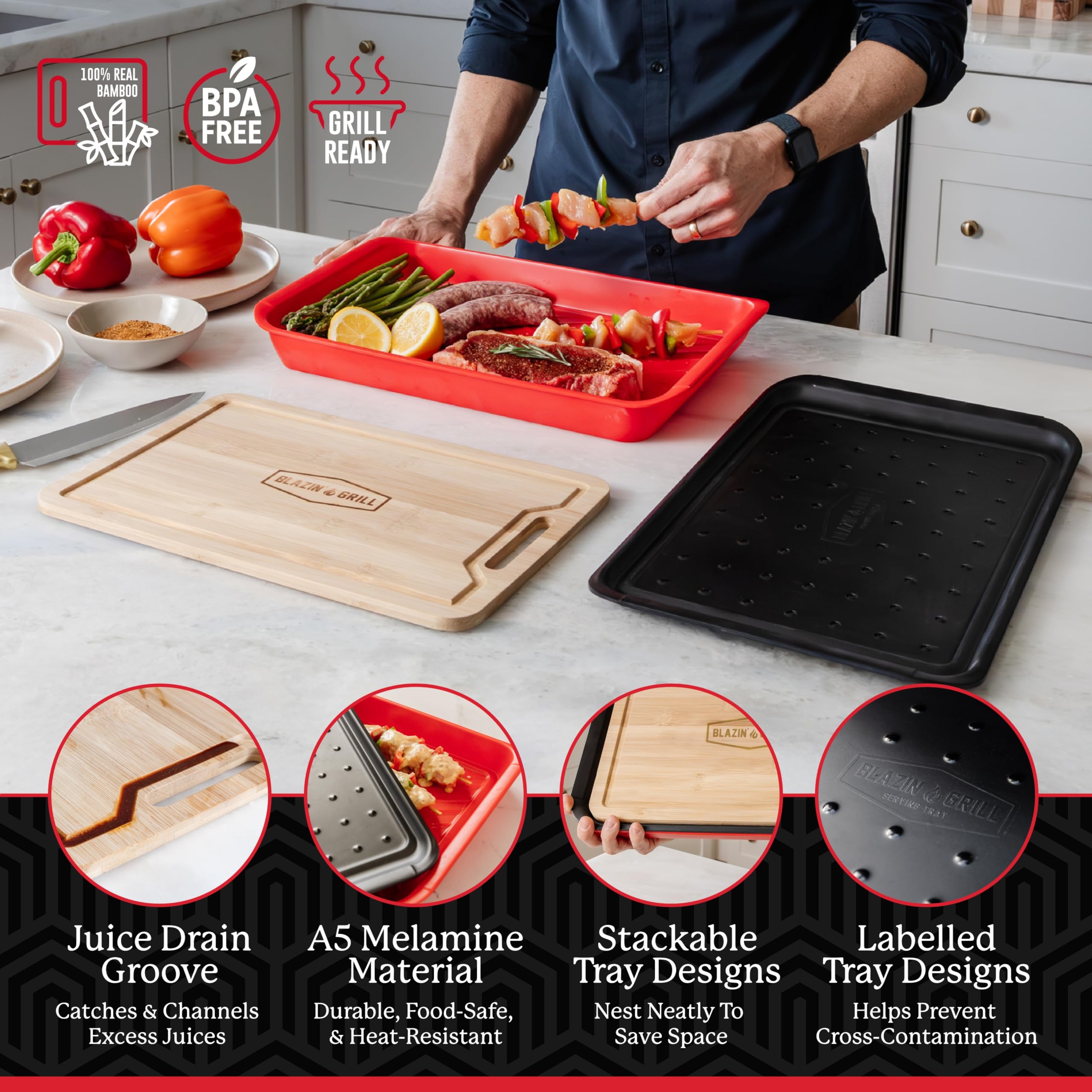 Blazin' Grill red prep tray isolates raw ingredients for safer prep.
