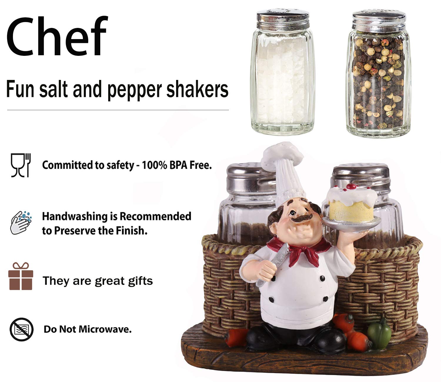 Blessed Family sitting chef decorative statue enhances table decor and spice access.