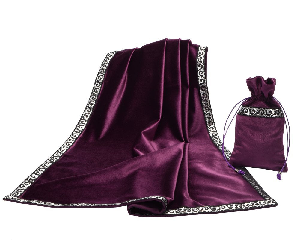 Blessume altar tarot table cloth in purple velvet enhances ritual ambiance.