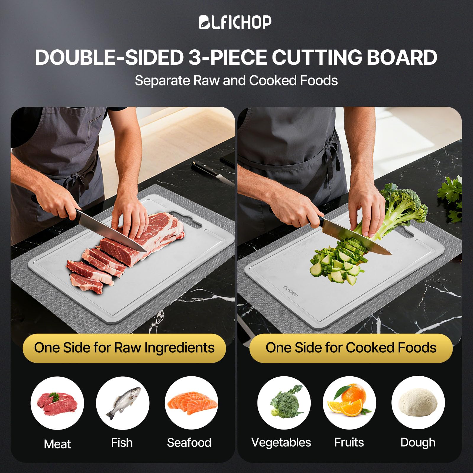 Blfichop double-sided titanium board, 12x9in, keeps raw meat separate from produce.