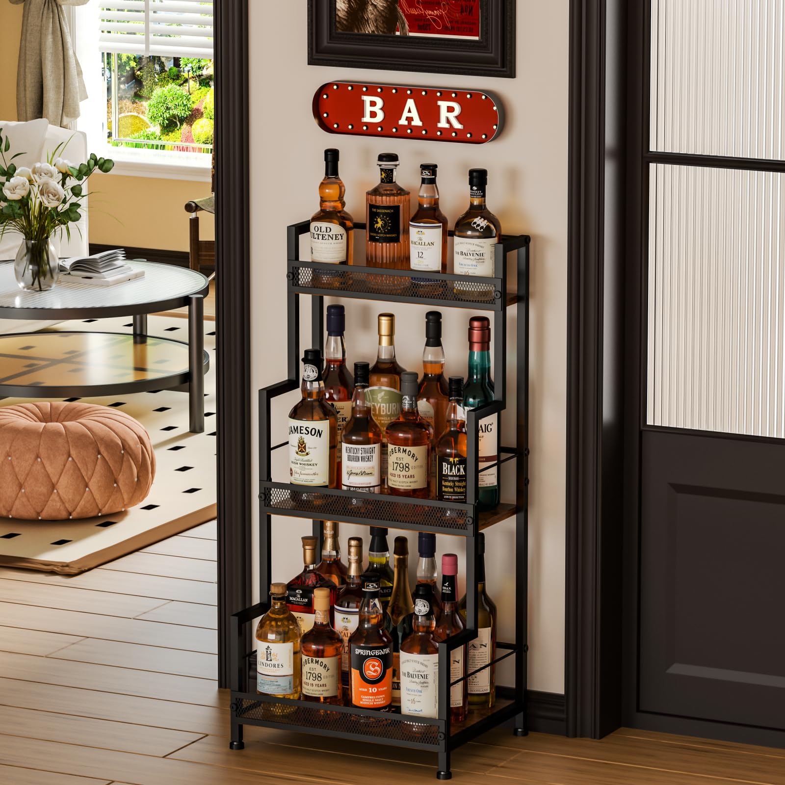 Bliesosfud metal and wood construction communicates durable home bar storage.