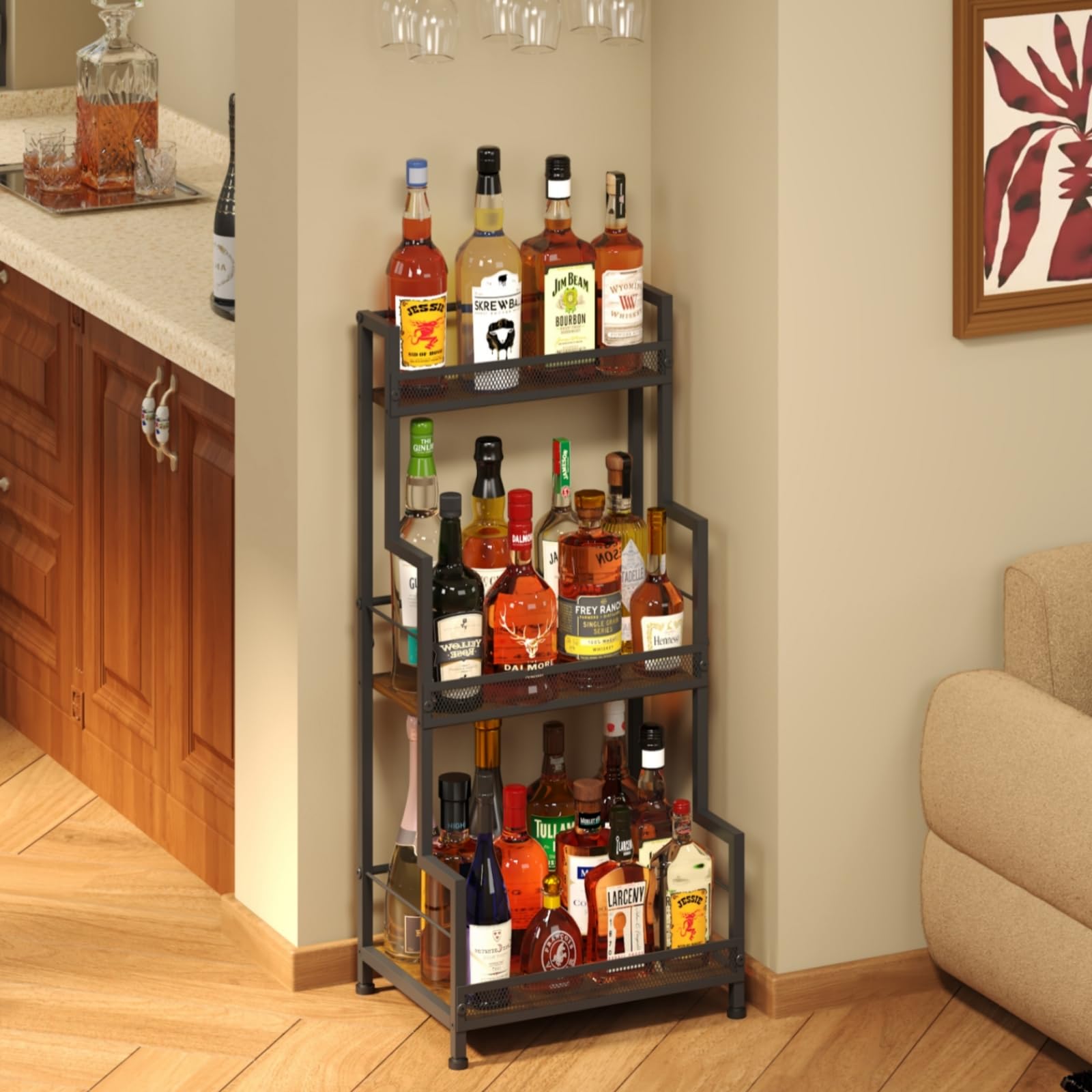 Bliesosfud trapezoid stand side view showing compact corner-friendly footprint.