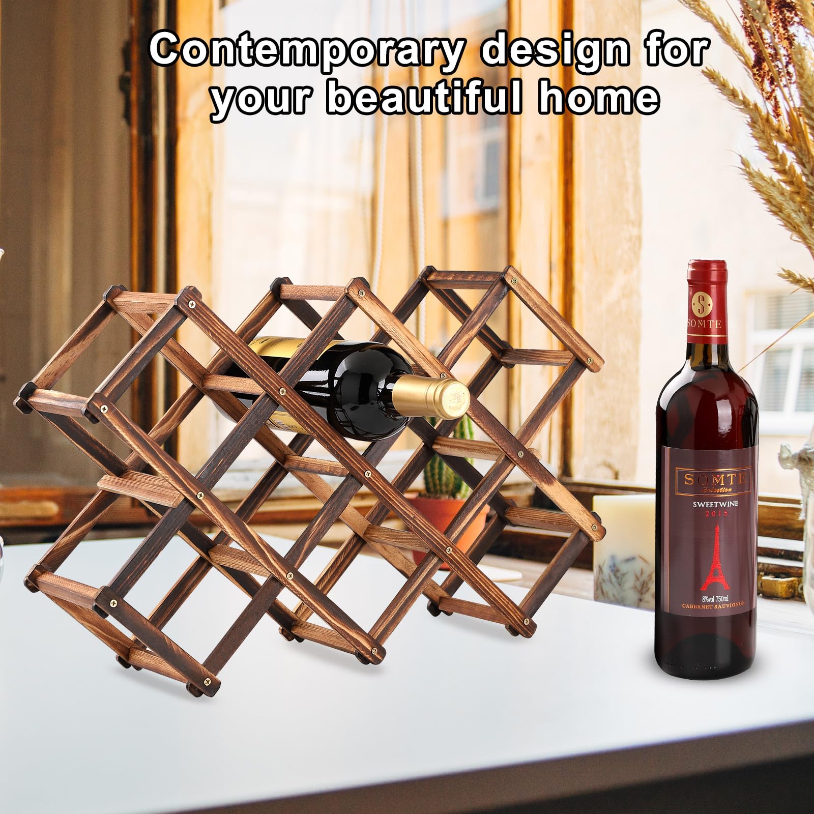 BlissfulScape dark wood wine rack enhances warm home decor.