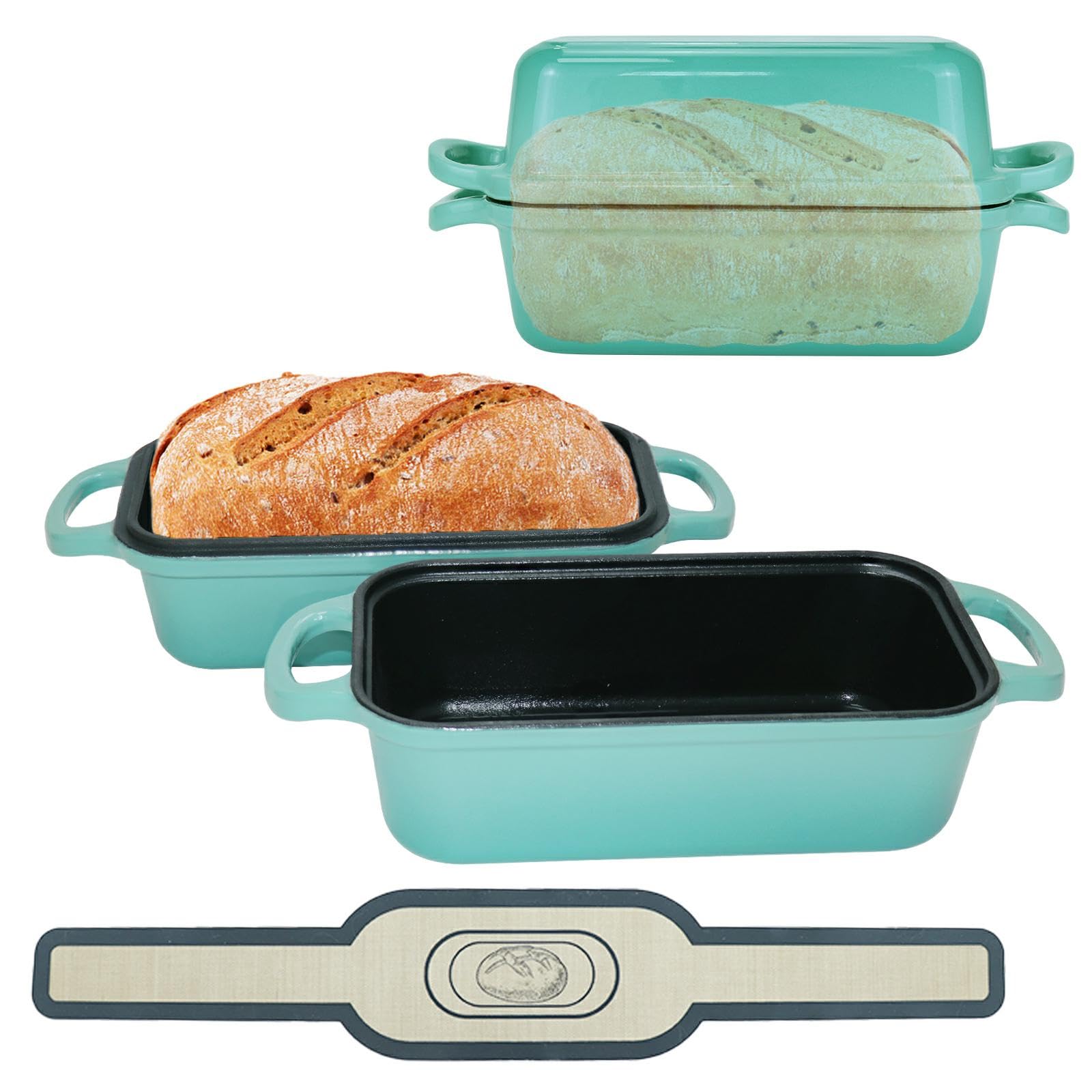 Blisswave Lake Blue cast iron bread pan with lid, showing even heating for crusty bread.